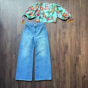 Farm Rio Cropped Blouse Fruit Print Beaded Sleeve Tie Top XS